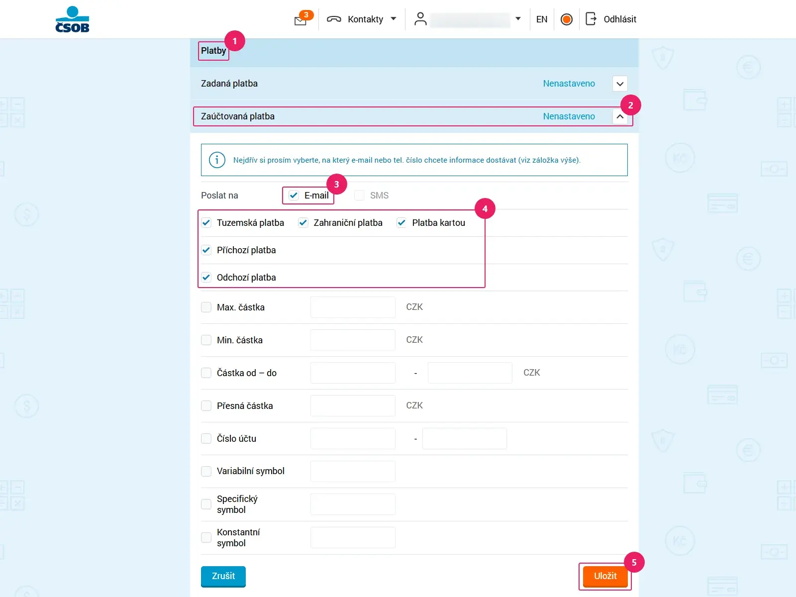 Internetové bankovnictví ČSOB: sekce Platby, Zaúčtovaná platba se zasíláním na e‑mail