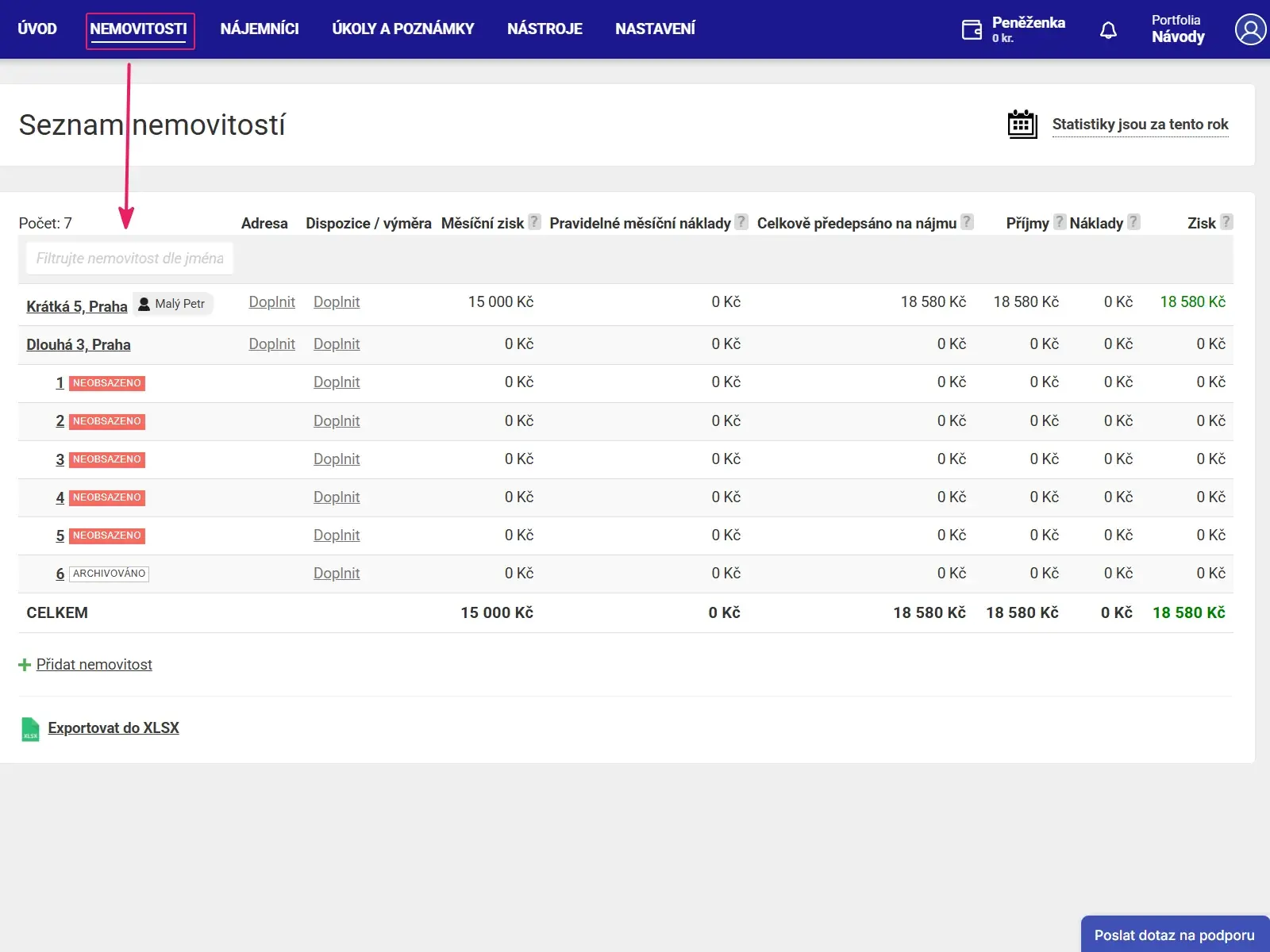 Aplikace Repilot: menu Nemovitosti a seznam nemovitostí pro otevření konkrétní nemovitosti