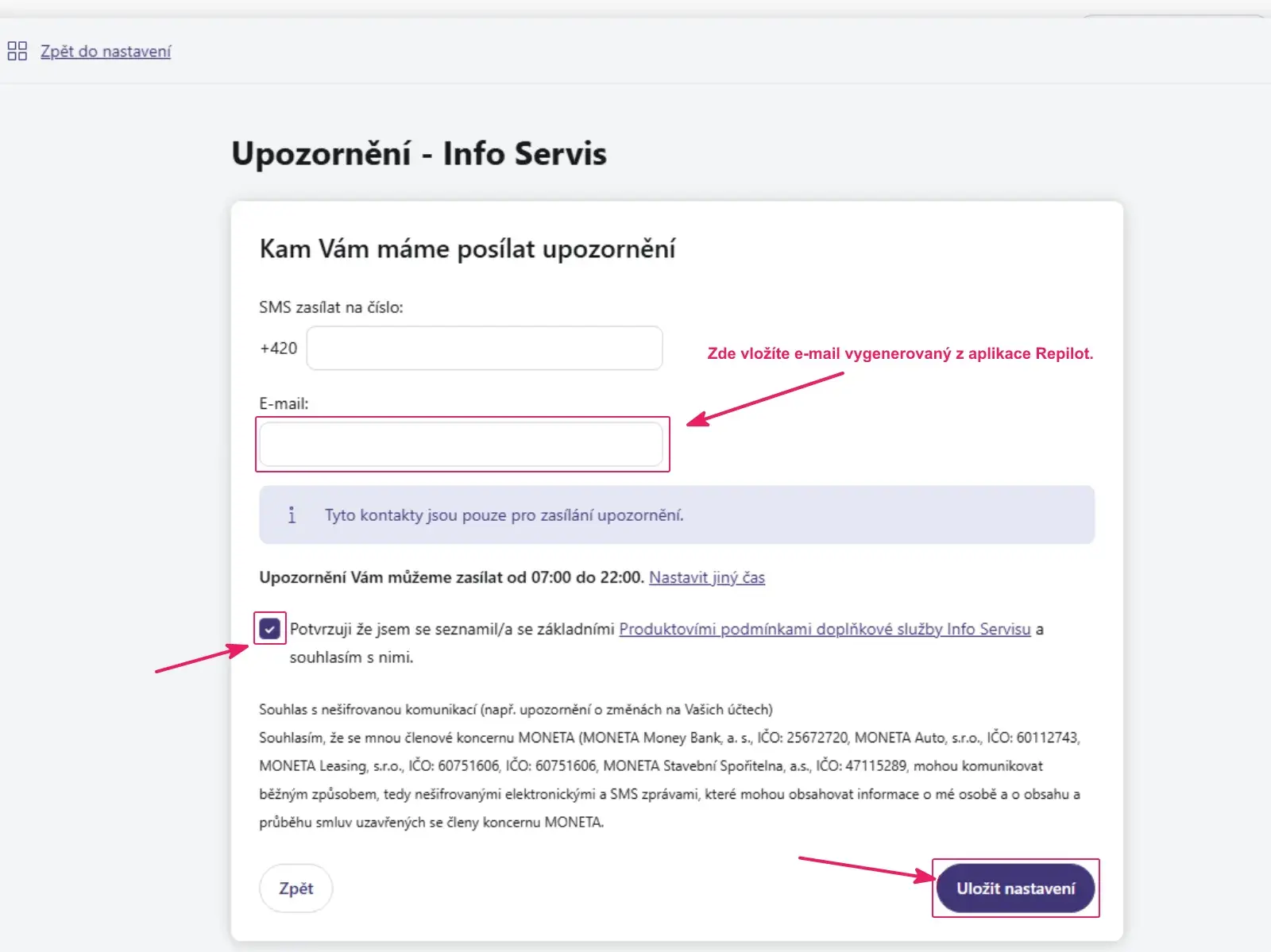 Internetové bankovnictví Moneta: vyplnění e‑mailu a uložení nastavení upozornění