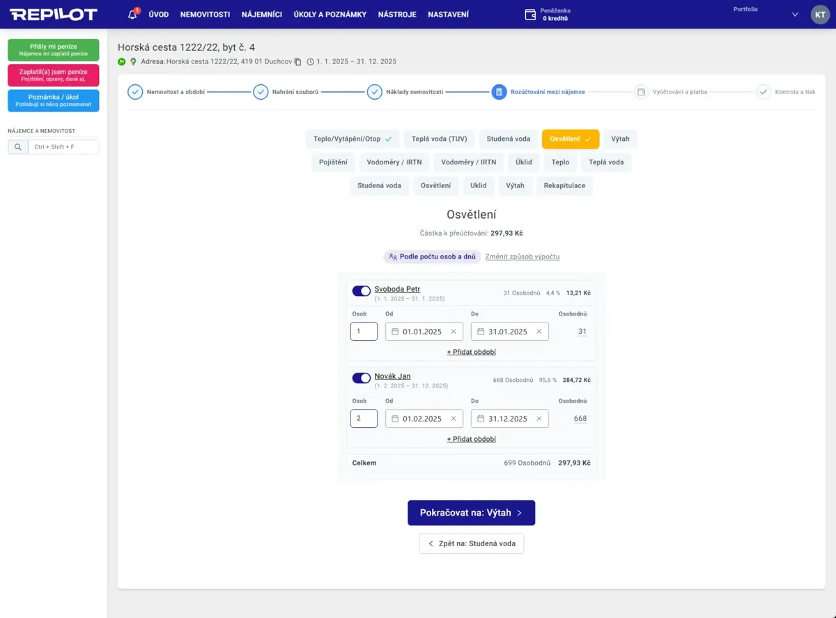 Aplikace Repilot: rozúčtování osvětlení mezi dva nájemce podle počtu osob a dnů